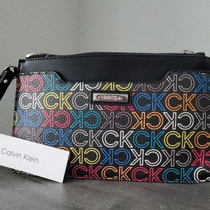 CALVIN KLEIN WOMENS LEATHER SIGNATURE RAINBOW LOGO CLUTCH-COSMETIC CASE NWT!